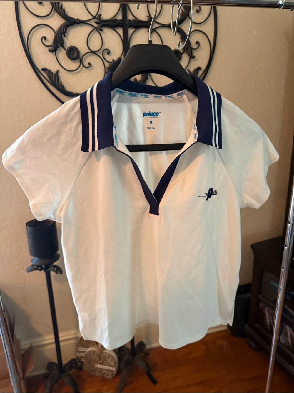 Prince White Polo with Blue Logo and Navy Collar